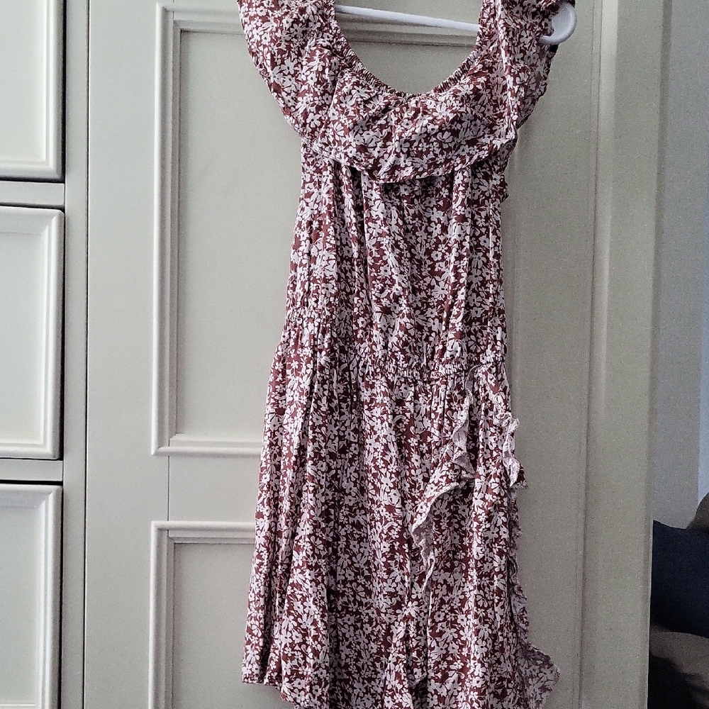 Girls' Brown Floral Ruffle Midi Dress with Gathered Waist - 6